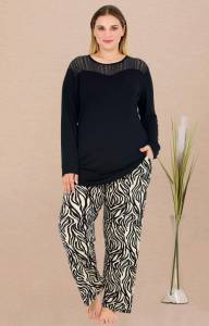 Lady - Siyah Zebra Desen Uzun Kollu Büyük Beden Pijama Takımı