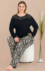 Lady - Siyah Zebra Desen Uzun Kollu Büyük Beden Pijama Takımı (1)