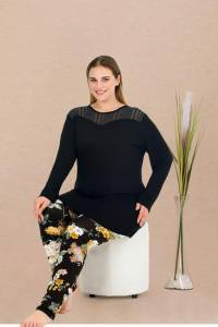 Lady - Siyah Büyük Beden Uzun Kollu Uzun Tunikli Pijama Takımı (1)