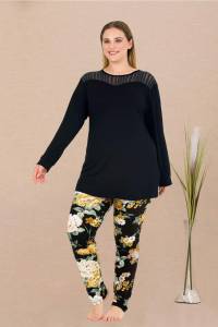 Lady - Siyah Büyük Beden Uzun Kollu Uzun Tunikli Pijama Takımı