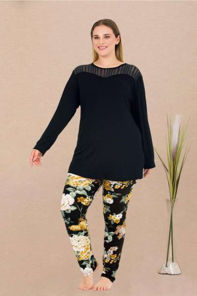 Siyah Büyük Beden Uzun Kollu Uzun Tunikli Pijama Takımı