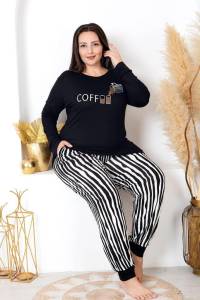 Lady - Siyah Çizgili Uzun Kollu Büyük Beden Pijama Takımı