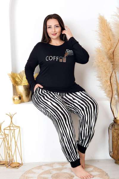 Siyah Çizgili Uzun Kollu Büyük Beden Pijama Takımı