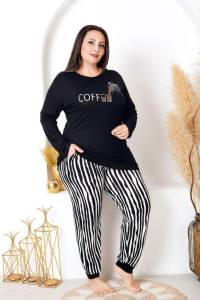 Lady - Siyah Çizgili Uzun Kollu Büyük Beden Pijama Takımı (1)