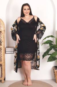 Lady - Siyah Çiçek Desenli Viskon Büyük Beden Sabahlıklı Gecelik Takımı