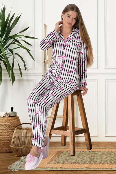 Flamingo Desenli Boydan Düğmeli Kadın Pijama Takımı