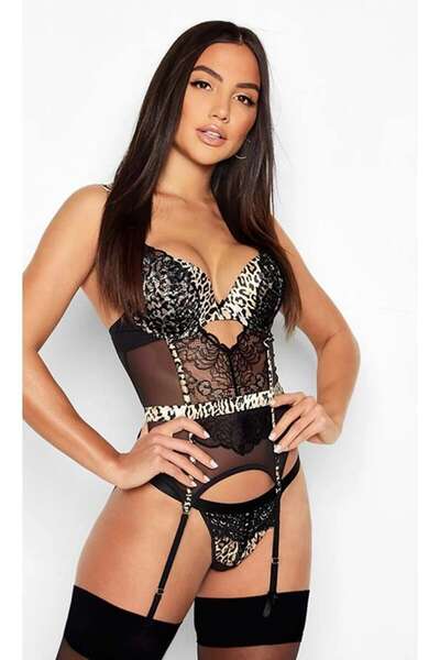 Leopar Desen Fantazi Dantelli Jartiyerli Babydoll Takım