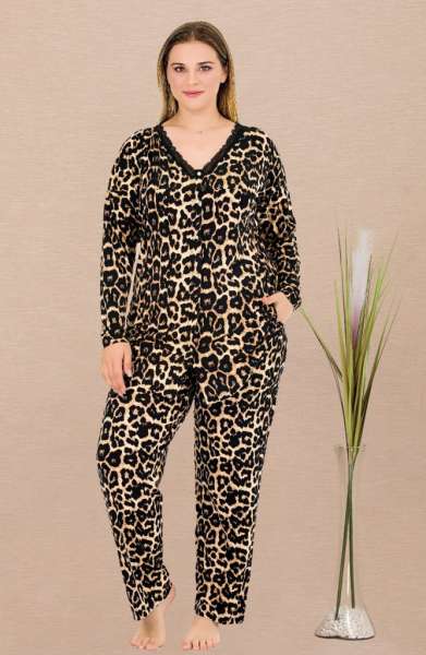 Leopar Desen Pamuklu Coton Büyük Beden Önden Düğmeli Pijama Takımı