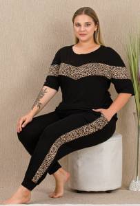 Leopar Desenli Bisiklet Yaka Kısa Kollu Büyük Beden Pijama Takımı - Thumbnail