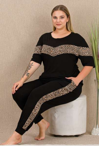 Leopar Desenli Bisiklet Yaka Kısa Kollu Büyük Beden Pijama Takımı