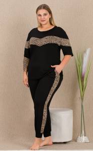 Leopar Desenli Bisiklet Yaka Kısa Kollu Büyük Beden Pijama Takımı - Thumbnail