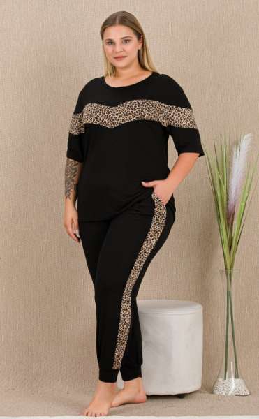 Leopar Desenli Bisiklet Yaka Kısa Kollu Büyük Beden Pijama Takımı