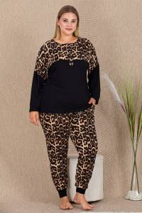 Lady - Leopar Desenli Büyük Beden Uzun Kollu Pijama Takımı