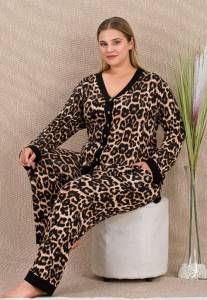 Lady - Leopar Desenli Önden Düğmeli Büyük Beden Pijama Takımı (1)