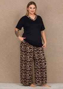 Leopar Desenli V Yaka Kısa Kollu Büyük Beden Pijama Takımı - Thumbnail