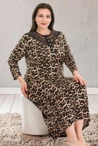 Lady - Leopar Desenli Yırtmaçlı Büyük Beden Elbise Gecelik