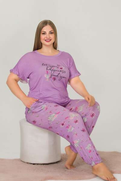 Lady - Lila Çiçekli Kısa Kollu Büyük Beden Pijama Takımı (1)