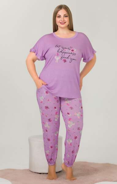 Lila Çiçekli Kısa Kollu Büyük Beden Pijama Takımı