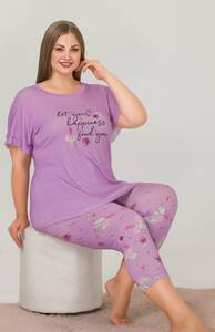 Lady - Lila Kısa Kollu Büyük Beden Kapri Pijama Takımı