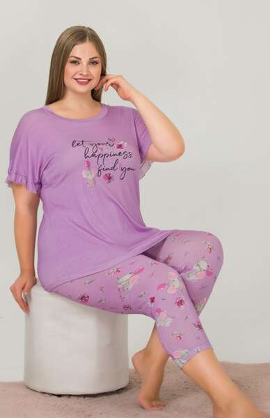 Lady - Lila Kısa Kollu Büyük Beden Kapri Pijama Takımı