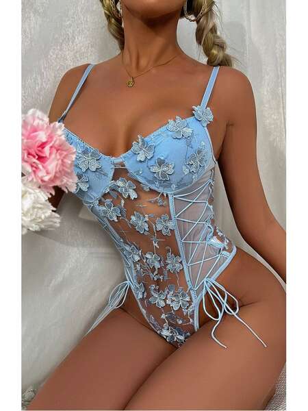Mavi Çiçekli Fantezi Bodysuit