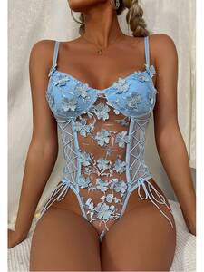 Mavi Çiçekli Fantezi Bodysuit - Thumbnail