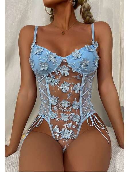 Mavi Çiçekli Fantezi Bodysuit