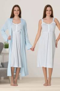 Effortt - Mavi Çizgili Hamile Lohusa Sabahlıklı Gecelik Takım