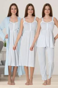 Effortt - Mavi Çizgili Hamile Lohusa Sabahlıklı Gecelik ve Pijama Takımı