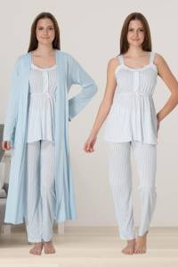 Effortt - Mavi Çizgili Hamile Lohusa Sabahlıklı Pijama Takımı