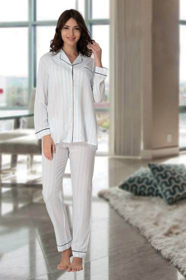 Effortt - Mavi Çizgili Önden Düğmeli Hamile Lohusa Pijama Takımı
