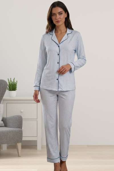 Effortt - Mavi Çizgili Önden Düğmeli Uzun Kollu Kadın Pijama Takımı