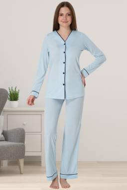 Effortt - Mavi Hamile Lohusa Önden Düğmeli Pijama Takımı