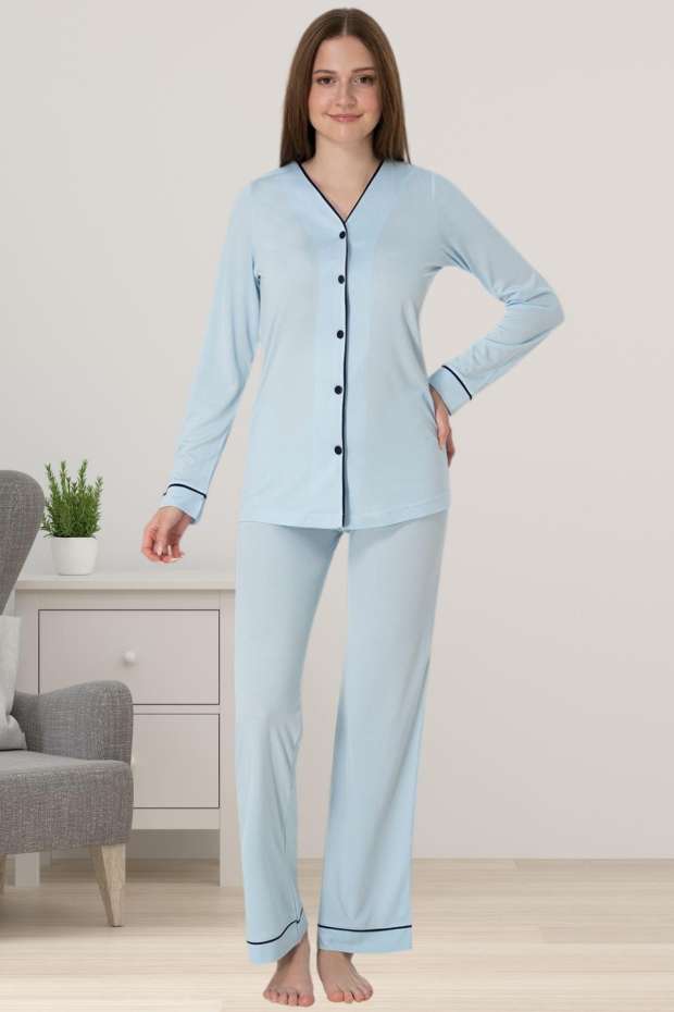 Mavi Hamile Lohusa Önden Düğmeli Pijama Takımı