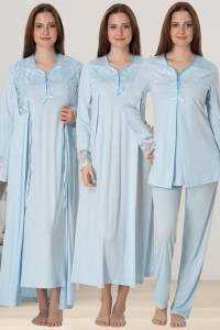 Effortt - Mavi Hamile Lohusa Sabahlıklı Gecelik Pijama Set