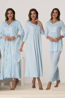 Effortt - Mavi Hamile Lohusa Sabahlıklı Gecelik Pijama Takımı Lohusa Seti