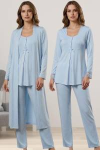 Effortt - Mavi Hamile Lohusa Sabahlıklı Pijama Takımı
