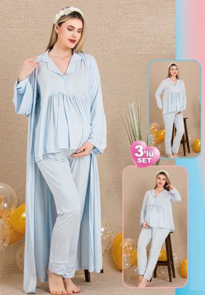 Mavi Hamile Lohusa Uzun Kollu Sabahlıklı Pijama Takımı