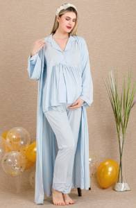 Mavi Hamile Lohusa Uzun Kollu Sabahlıklı Pijama Takımı - Thumbnail