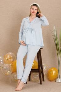 Mavi Hamile Lohusa Uzun Kollu Sabahlıklı Pijama Takımı - Thumbnail