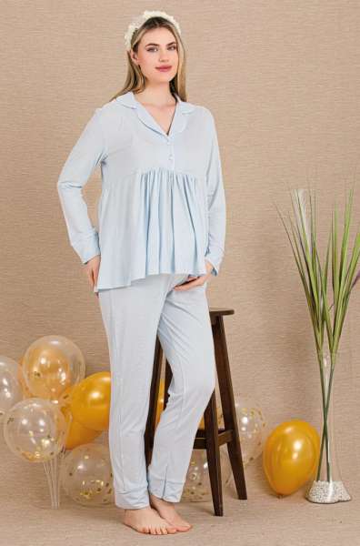 Mavi Hamile Lohusa Uzun Kollu Sabahlıklı Pijama Takımı