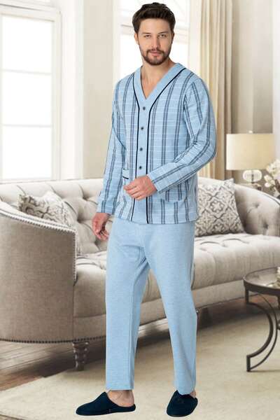 Mavi Büyük Beden Düğmeli Erkek Pijama Takım