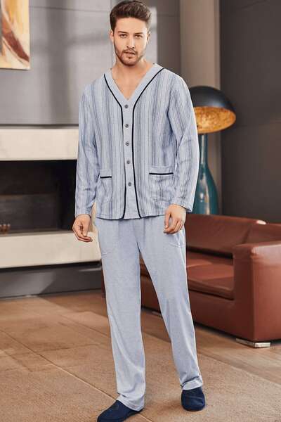 Mavi Pamuklu Büyük Beden Erkek Pijama Takım