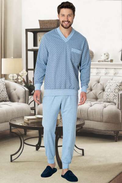 Mavi Pamuklu Büyük Beden V Yaka Erkek Pijama Takım