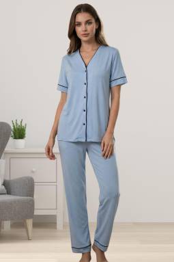 Effortt - Mavi Pamuklu Kumaş Önden Düğmeli Rahat Kesim Hamile Lohusa Pijama Takımı