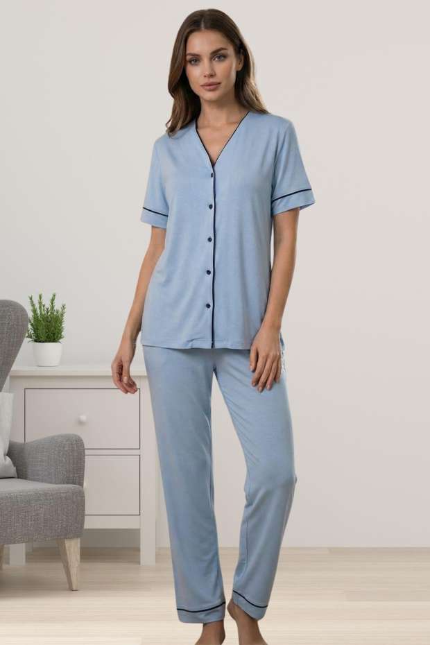 Mavi Pamuklu Kumaş Önden Düğmeli Rahat Kesim Hamile Lohusa Pijama Takımı