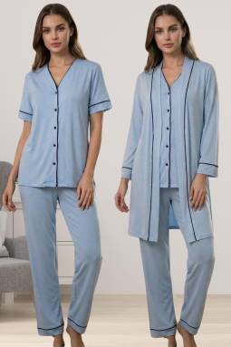Effortt - Mavi Rahat Kesim Sabahlıklı Hamile Lohusa Pijama Takımı