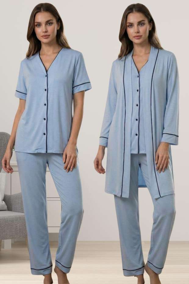 Mavi Rahat Kesim Sabahlıklı Hamile Lohusa Pijama Takımı