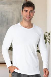 Mecit Pijama - Beyaz Bisiklet Yaka Uzun Kollu Likralı Pamuk Erkek T-Shirt