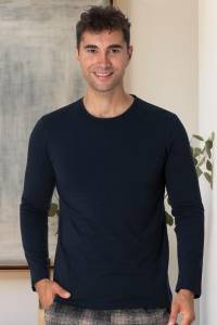 Mecit Pijama - Lacivert Bisiklet Yaka Uzun Kollu Likralı Pamuk Erkek T-Shirt